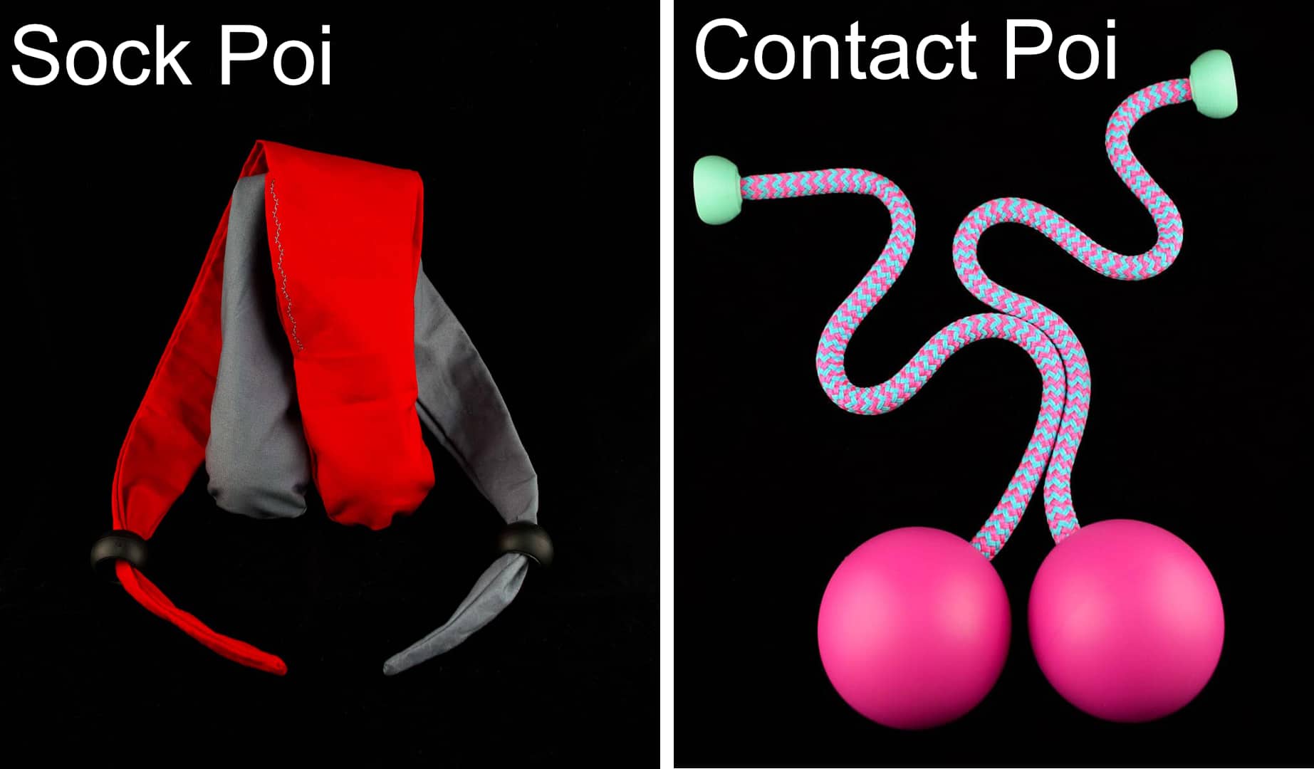 Image of sock poi on left and contact poi on right